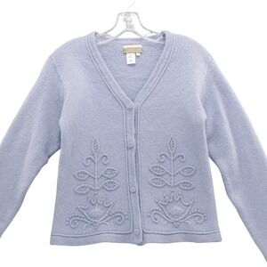 Coldwater Creek Wool Cardigan Sweater Womens Small‎ Blue Embroidered
